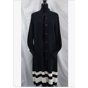 Lauren By Ralph Lauren Knee Length Black Button Down Sweater W/ White Stripes XL